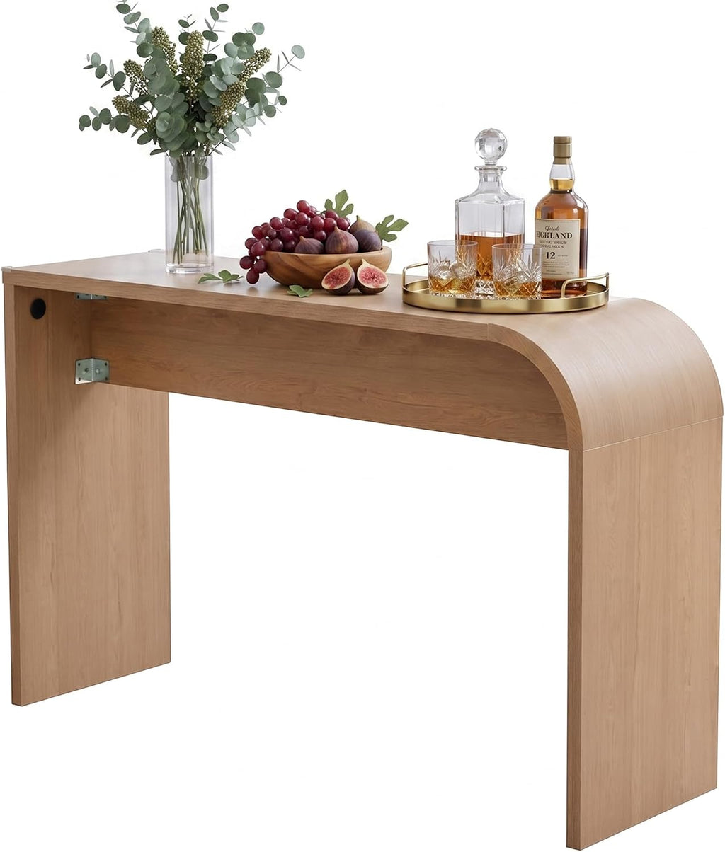 Curved Narrow Console Table, Skinny Behind Couch Counter Height Bar Table | 55.12"Lx17.72"Dx35.43"H Mid Century Modern Slim Breakfast Accent Table for Entryway Hallway Living Room, Rounded Edge-Natural