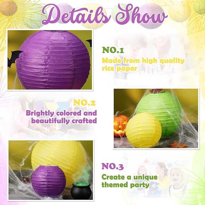 Riakrum 16 Pcs Yellow Green Purple Paper Lanterns Birthday Party Decorations Mixed Size 6'' 8'' 10'' 12'' Colorful Chinese Hanging Paper Lanterns for Wedding Home Decorations Supplies