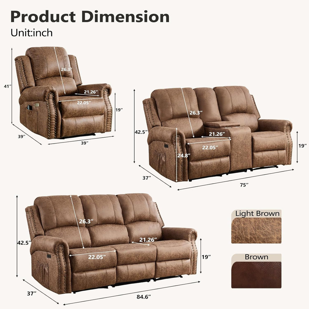 HAOMARKETS 3-Piece Power Reclining Sofa Set with Rivets, Included Electric Massage Recliners, Loveseat Couch with Console and 3-Seater Recliner Sofa, Faux Leather Living Room Furniture Set, Brown