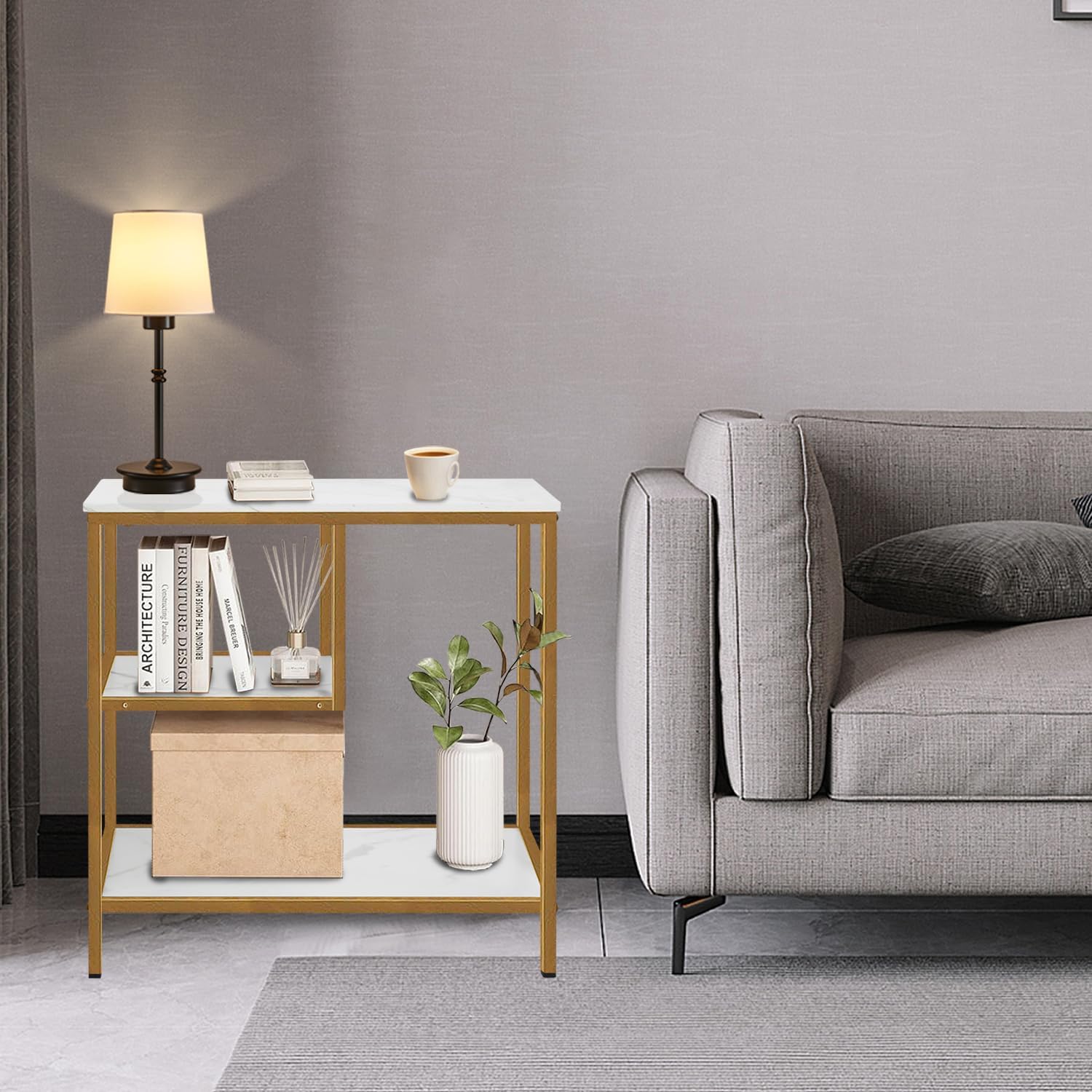 AT-VALY 3-Tier End Table,Nightstand for Living Room, Bedroom, Office, Bathroom (Gold)