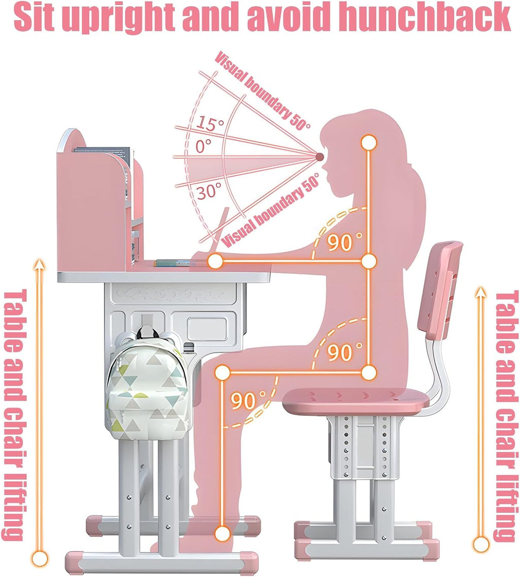 1 Set Kids Desk Chair Set, Height Adjustable Children School Study Table Chair Sets with Storage Drawer, Ergonomic Desk Chairs with Book Stand, Partition Design Pink 70 cm