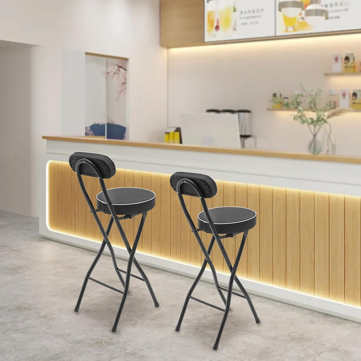 2Pcs-Folding Bar Stool with Back, Black Tall Foldable Chair Counter Height Collapsible Stool PU Leather Padded for Kitchen Island, Restaurant, Bar, Cafe Shop, Outdoor Camping