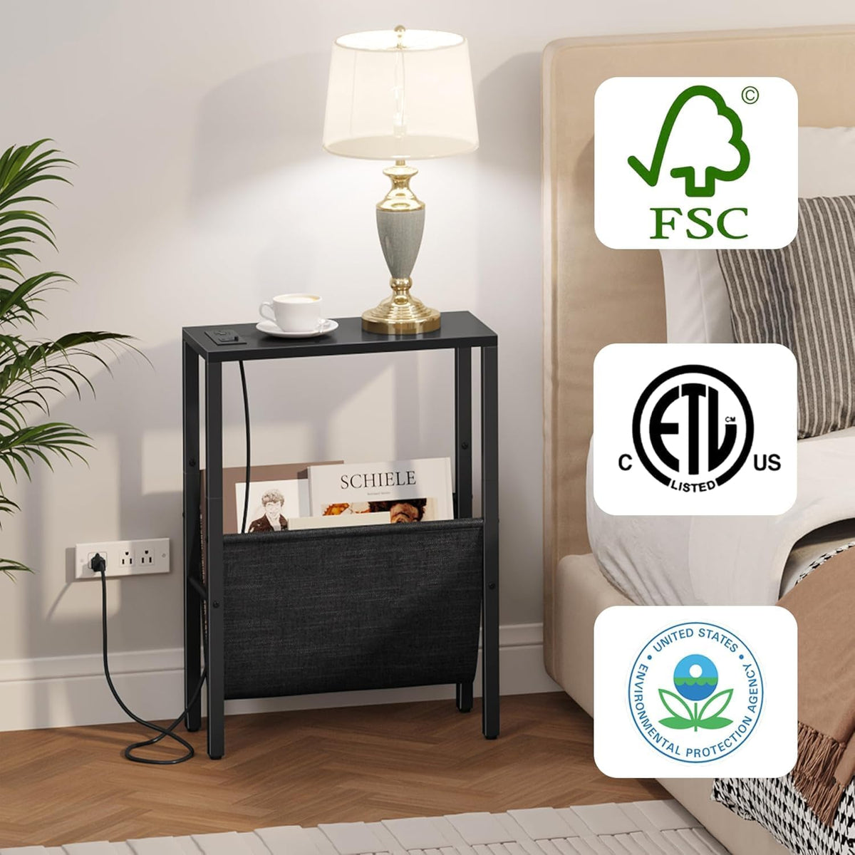 Vagusicc Narrow End Table with Charging Station, Narrow Nightstand with USB Ports & Outlet, Slim Sofa Side Table, Black End Table, Small Side Table for Small Spaces, Living Room, Bedroom, Black
