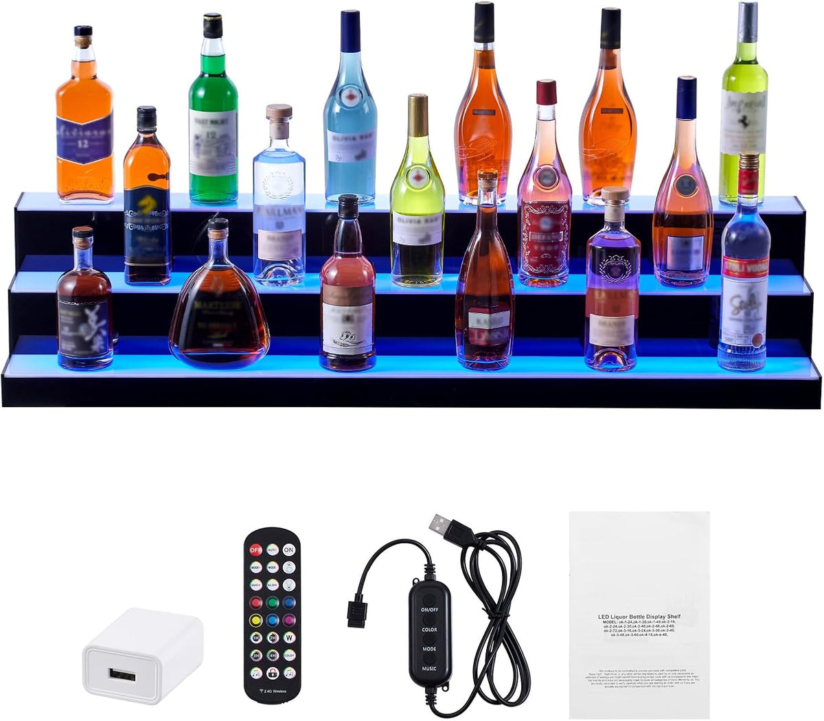 Happybuy LED Lighted Liquor Bottle Display,3 Tiers 48 Inch Commercial Illuminated Home Bar Shelf,3 Steps Whiskey Rack Stand, Acrylic Drink Shelves with RF Remote & App Control, and Multicolor lighting