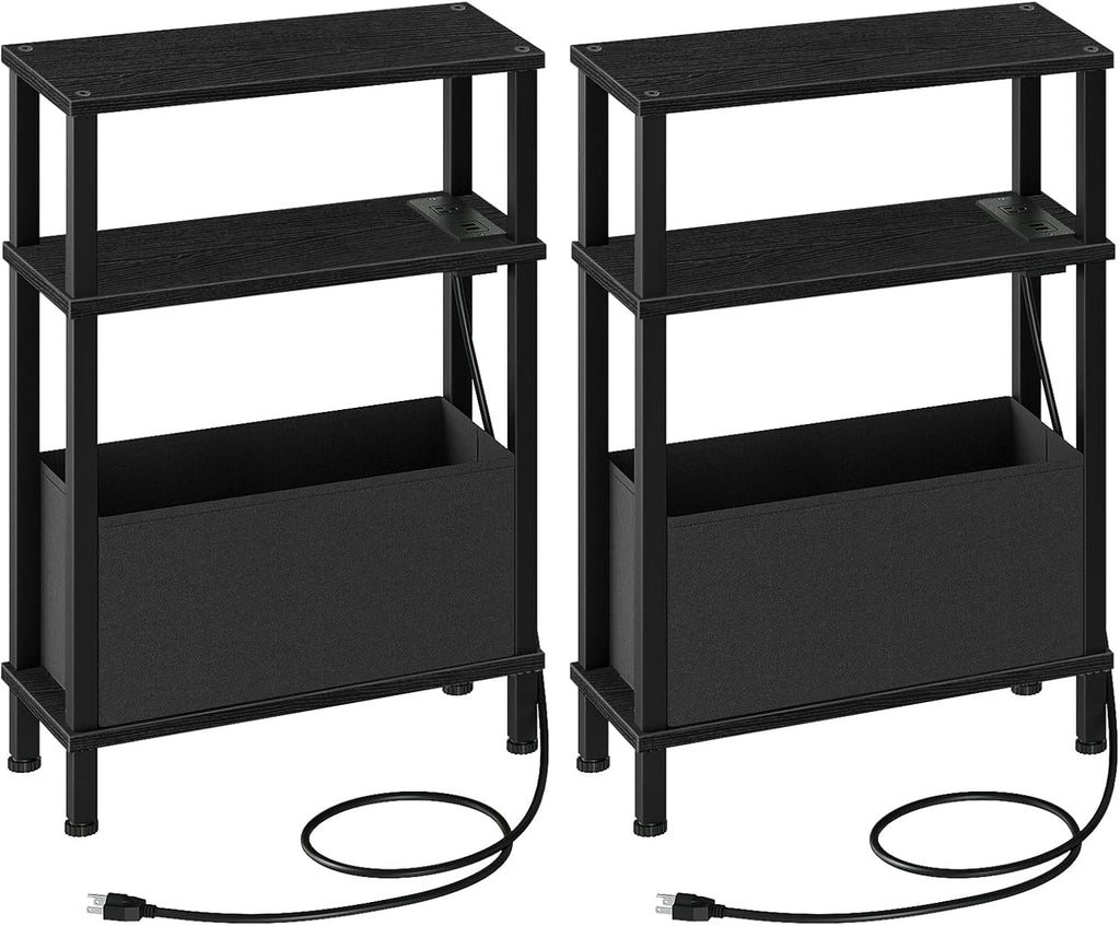 CHOEZON Set of 2 End Tables with Charging Station, Narrow Side Table for Small Spaces, Slim Nightstand with Basket, Skinny Bedside Table, for Living Room, Bedroom, Black TBZ07UP2BBN1