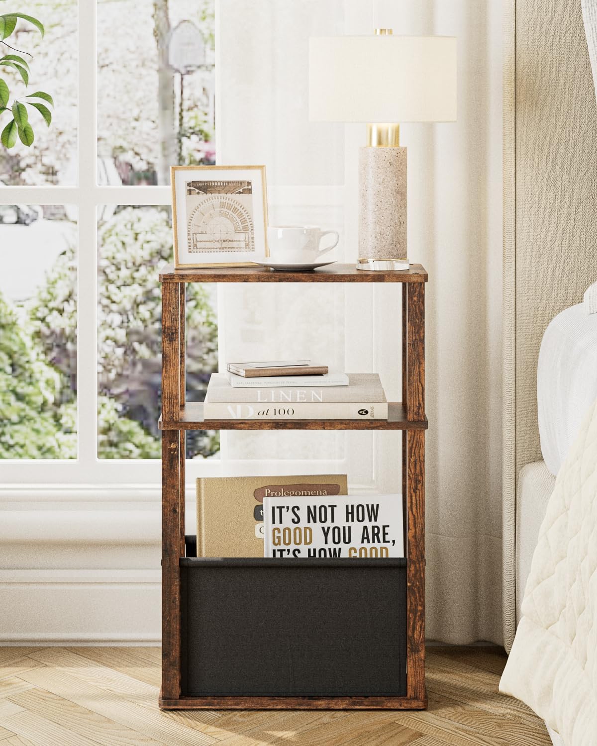 Narrow Side Table, 3-Tier Night Stand with Storage Bag, Skinny Nightstand for Small Spaces, Wooden Bedside Table for Living Room, Bedroom, Rustic Brown