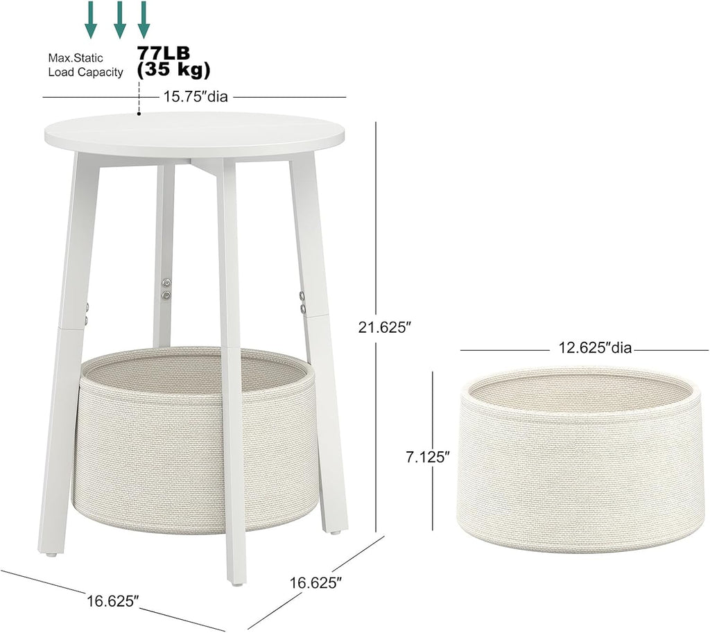 sthmec Small Round Side End Table with Cloth Storage Basket, Round Bedside Sofa Couch Coffee Tables for Small Places with Metal Frame, Modern Nighstands for Living Room Bedroom,White