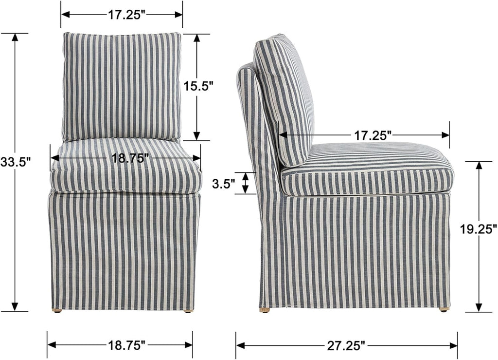Kmax Slipcovered Dining Chairs Set of 2, Modern Upholstered Armless Kitchen Chair, Accent Single Sofa Chair for Diningroom Livingroom, Blue Stripe