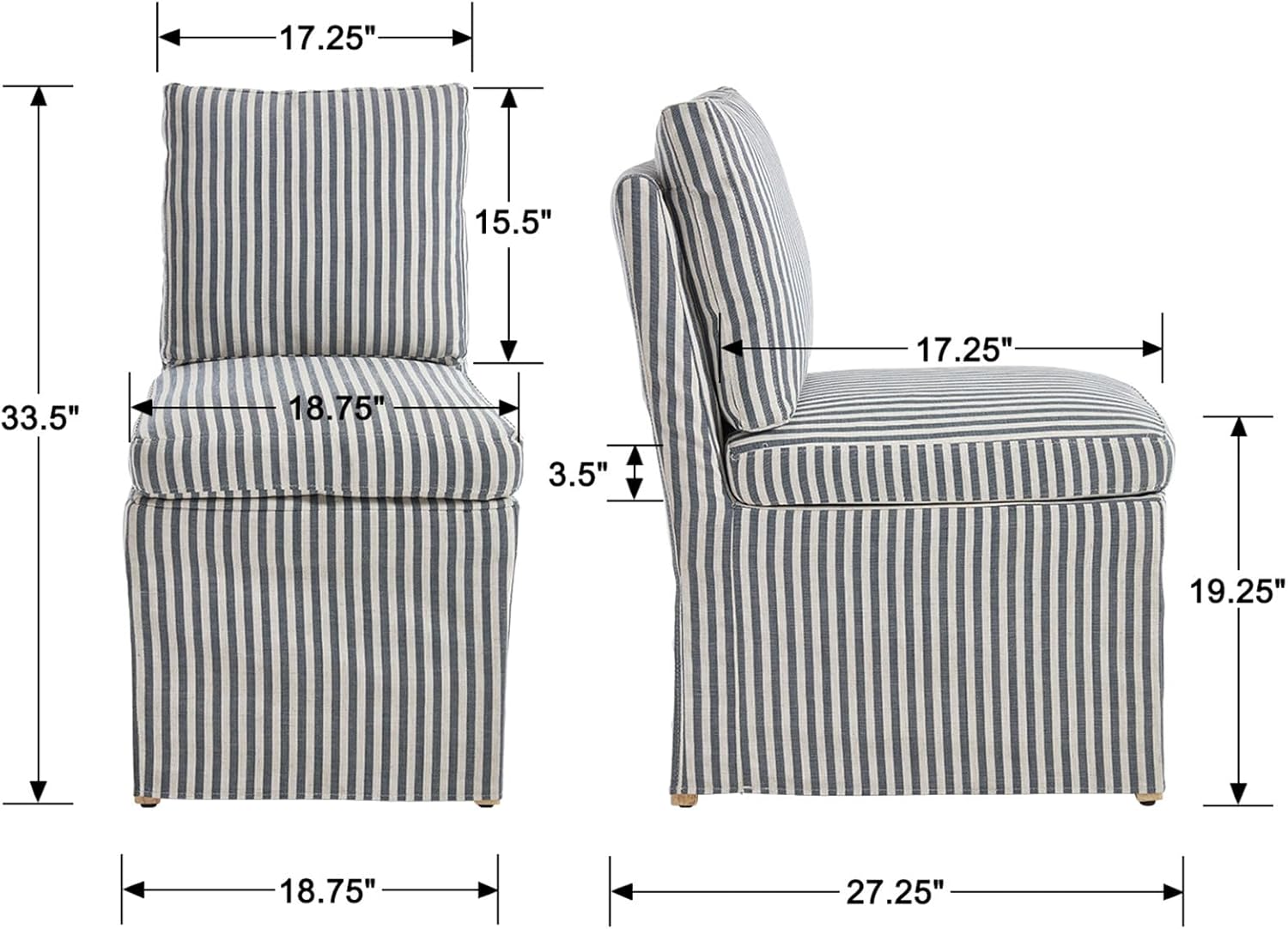 Kmax Slipcovered Dining Chairs Set of 2, Modern Upholstered Armless Kitchen Chair, Accent Single Sofa Chair for Diningroom Livingroom, Blue Stripe