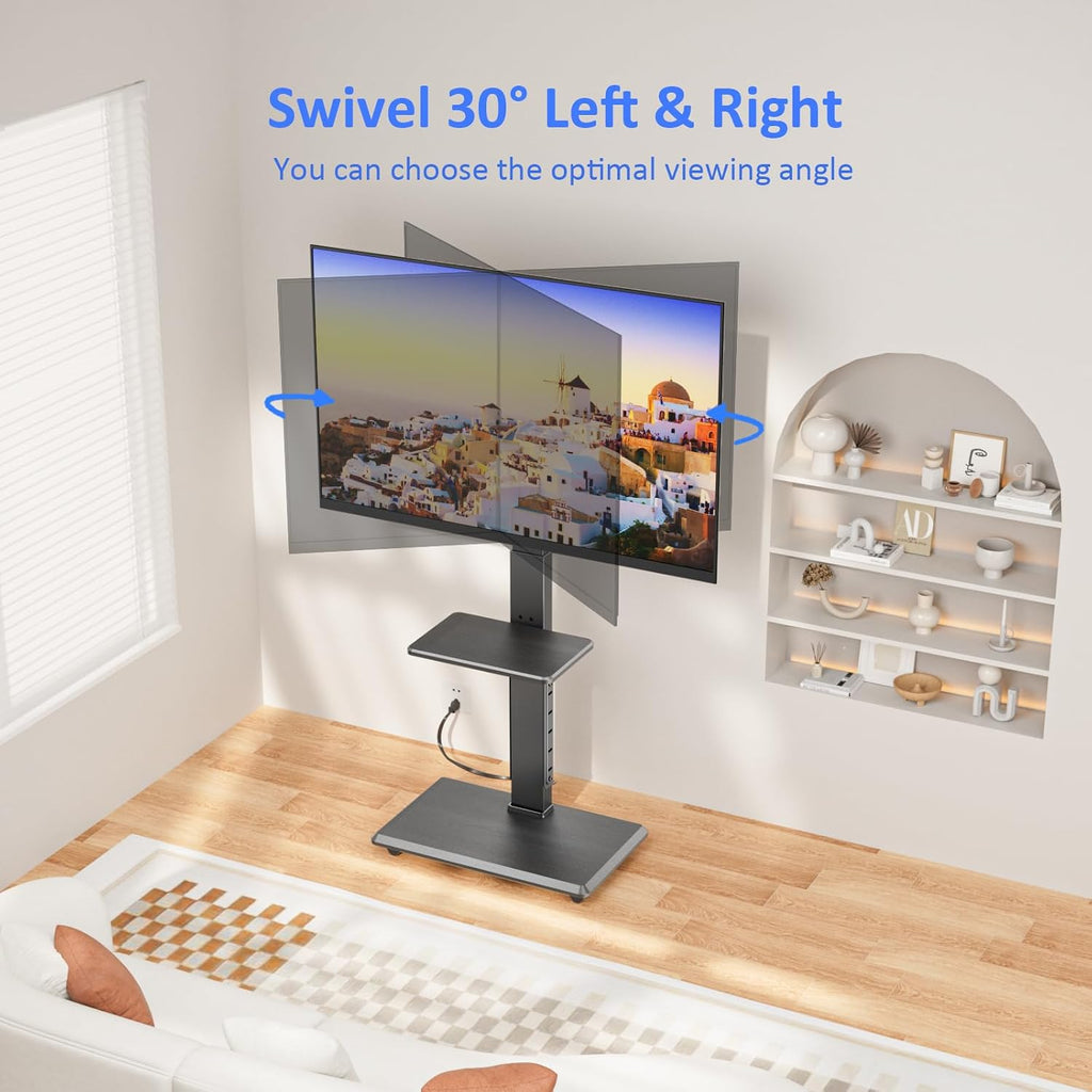 Afaloona Rolling TV Stand with Power Outlet for 32-75" TV, Max Load 110 lbs | Mobile TV cart with 18 height adjustments, ±30° swivel, media shelf and Max VESA 600×400mm for living room office and outdoor