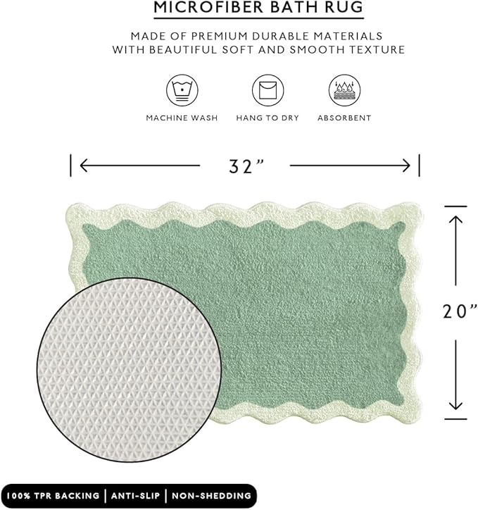 MONDAY MOOSE Bath Mat with Scalloped Wavy Ripple Design, Microfiber Absorbent Non Slip Tufted Rug for Floor, Shower or Kitchen (20x32 inch, Sage)