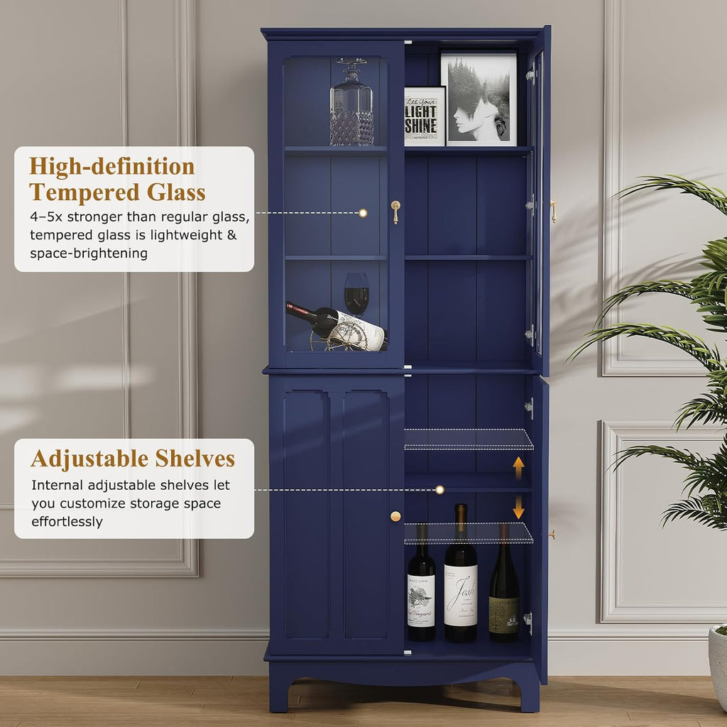 ARTPOWER 72" Freestanding Kitchen Pantry Storage Sideboard, Classical Tall Cabinet with Glass Door and Adjustable Shelves for Kitchen, Livingroom and Dining Room, Navy Blue