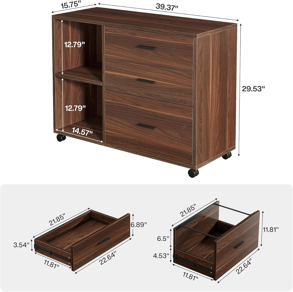 Tribesigns 39 in. Wooden Filing Cabinet with Open Storage Shelves and 3 Drawers,Rolling File Cabinet with Adjustable Hanging Rail,Printer Stand for Home Office (Walnut)