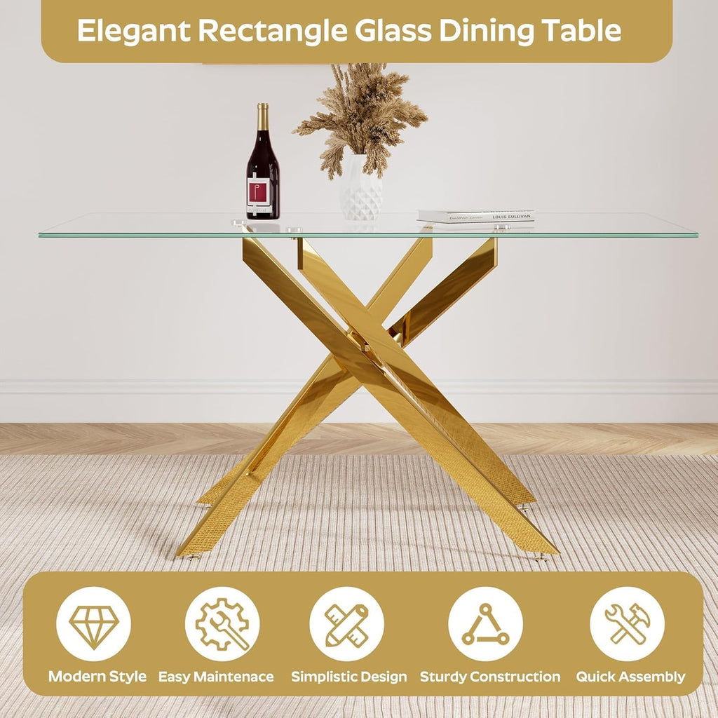 Glass Dining Table for 4-6, Contemporary Rectangular Dining Room Table with Tempered Glass Top & Gold Finish Metal Legs, Modern Elegant Dining Table for Home Kitchen
