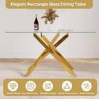 Glass Dining Table for 4-6, Contemporary Rectangular Dining Room Table with Tempered Glass Top & Gold Finish Metal Legs, Modern Elegant Dining Table for Home Kitchen