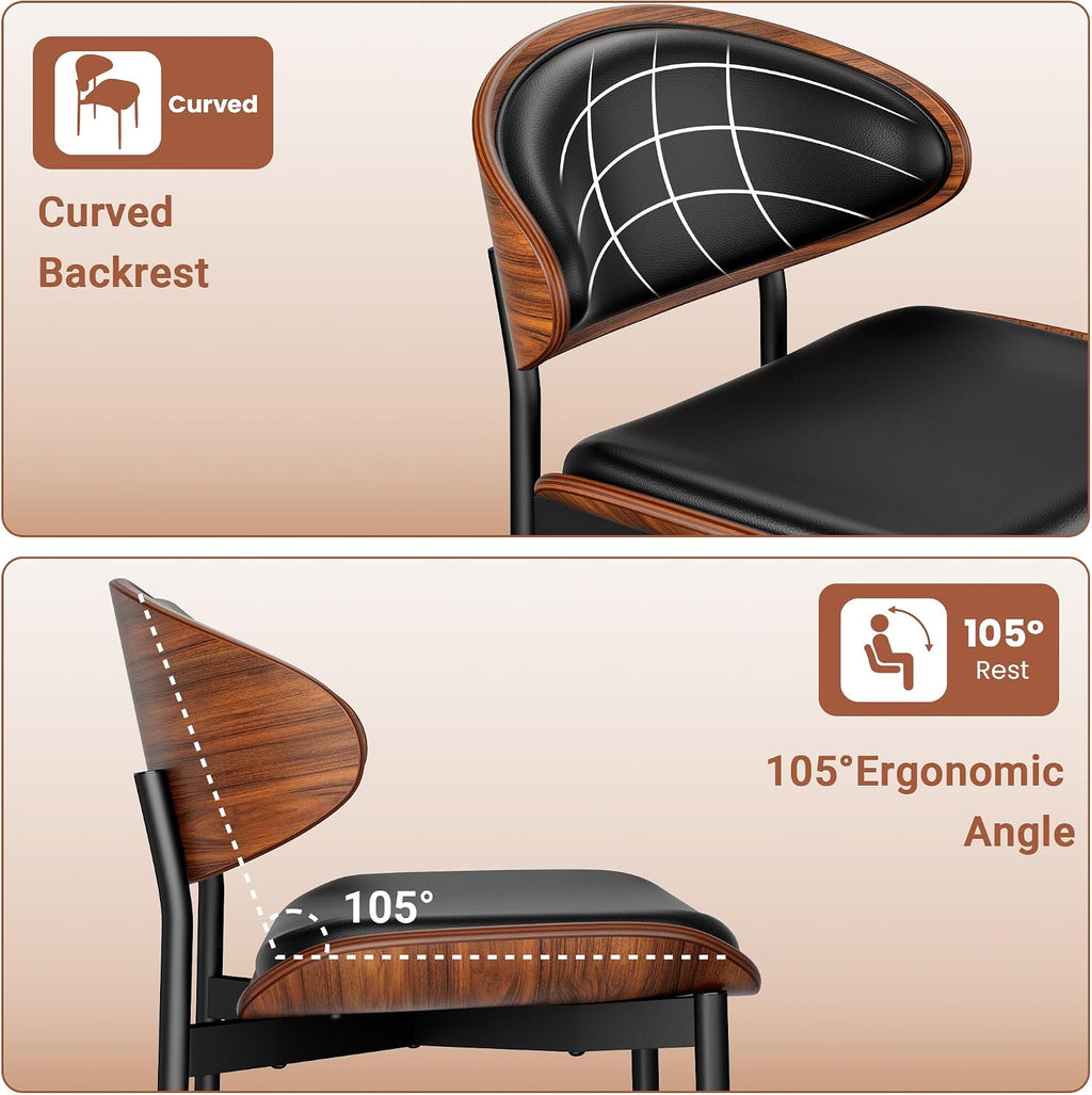 YaFiti Dining Chairs Set of 2, Mid Century Modern PU Leather Kitchen Chairs | Ergonomic Walnut Backrest & Metal Legs, Upholstered Waterproof Faux Leather Seat, Adjustable Footpads for Dining Room, Black