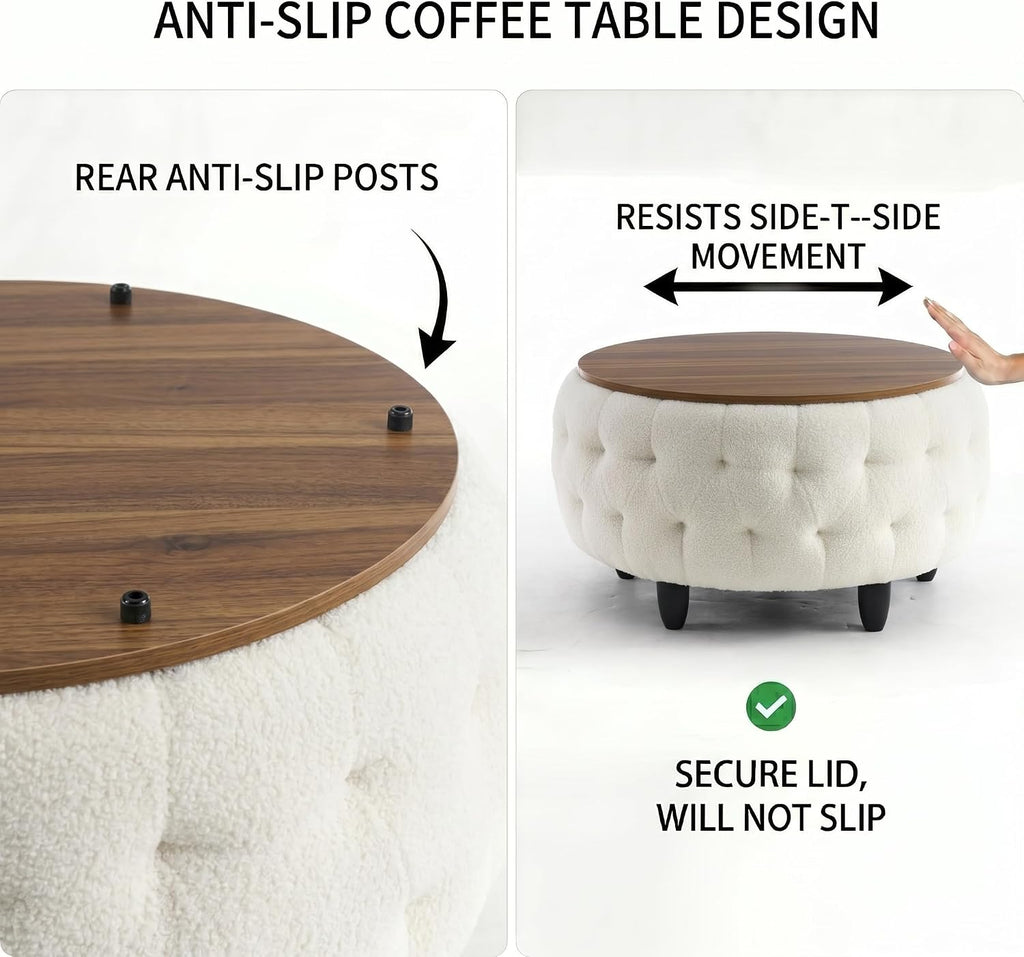 Large Round Storage Ottoman Coffee Table with Wooden Tabletop, 32 Inches Teddy Fleece Tufted Ottoman for Living Room, Bedroom, Apartments (White)