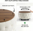 Large Round Storage Ottoman Coffee Table with Wooden Tabletop, 32 Inches Teddy Fleece Tufted Ottoman for Living Room, Bedroom, Apartments (White)