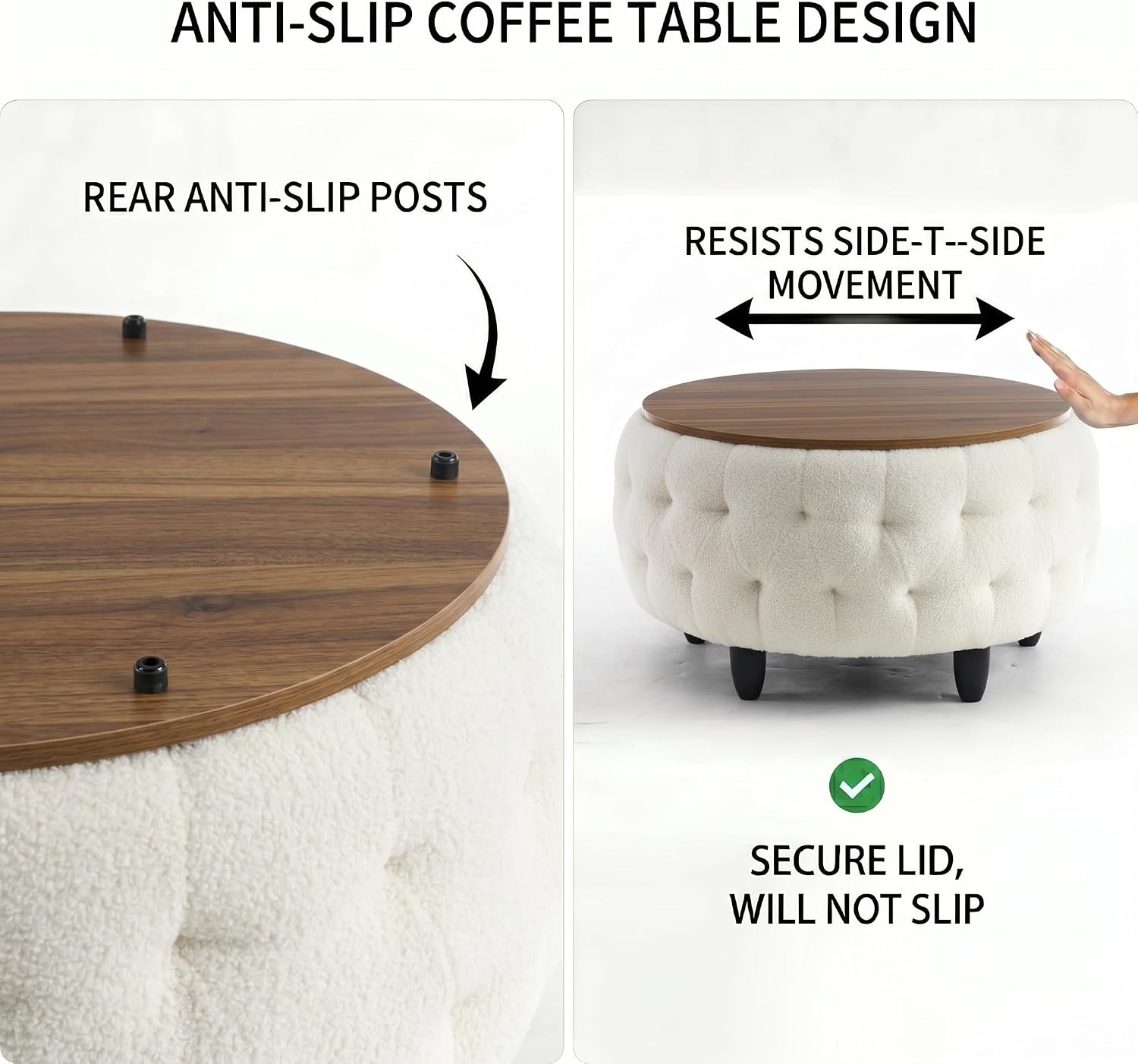 Large Round Storage Ottoman Coffee Table with Wooden Tabletop, 32 Inches Teddy Fleece Tufted Ottoman for Living Room, Bedroom, Apartments (White)