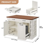 Kitchen Island with Drop Leaf, 47.6" Kitchen Island with Storage | with Power Outlet & Trash Bin Rolling Kitchen Cart with Spice Rack Island Table for Kitchen Breakfast Home Bar, Antique White