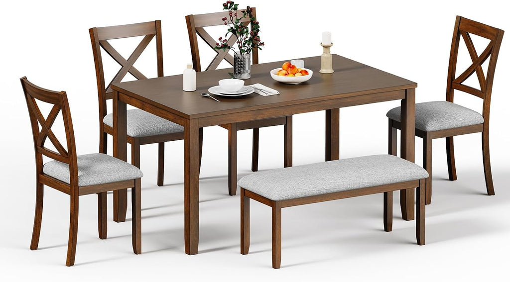 Zevemomo 6-Piece Wooden Dining Table Set, Wooden Legs Dining Table, Walnut | Dining Table Set for 6, Including 1 Dining Table, 4 Upholstered Chairs and 1 Bench, Table Set for Dining Room & Kitchen