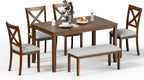 Zevemomo 6-Piece Wooden Dining Table Set, Wooden Legs Dining Table, Walnut | Dining Table Set for 6, Including 1 Dining Table, 4 Upholstered Chairs and 1 Bench, Table Set for Dining Room & Kitchen