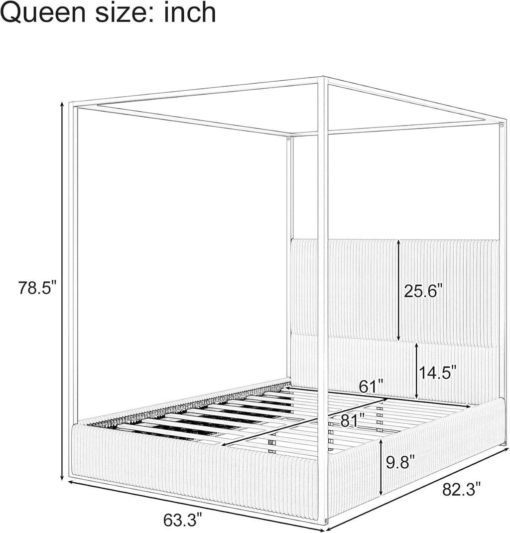 GDFStudio Modern Queen Size Luxury Metal Canopy Bed with 49.5" Velvet Upholstered Headboard, Black Four Poster Frame, Platform Bed Frame No Box Spring Needed, for Bedroom, Living Room, White
