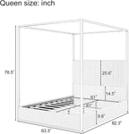 GDFStudio Modern Queen Size Luxury Metal Canopy Bed with 49.5" Velvet Upholstered Headboard, Black Four Poster Frame, Platform Bed Frame No Box Spring Needed, for Bedroom, Living Room, White