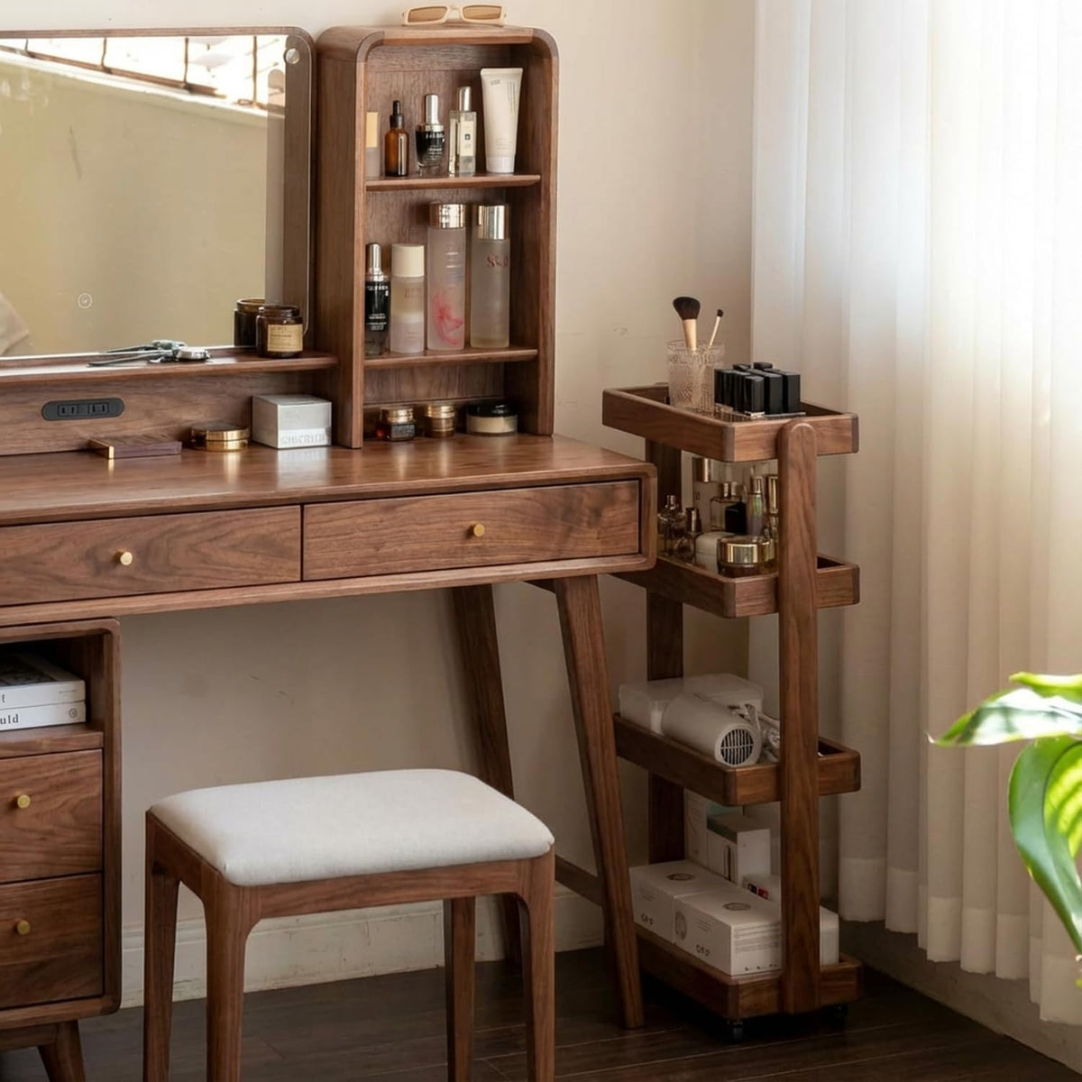 Small Narrow Side Table with Wheels, Skinny End Table for Small Spaces, 4 Tier Side Table for Living Room Bedroom(Walnut, 7.87" D x 15.75" W x 31.89" H)