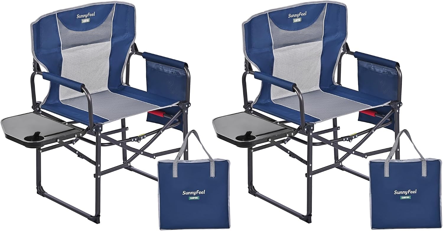 SUNNYFEEL Oversized Camping Chair Portable Directors Chairs with Side Table | Heavy Duty Folding Lawn Chair for Adults 300LBS with Compact Size, Breathable Mesh, Pocket & Carry Bag for Outdoor, Lawn, RV