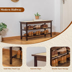Bamboo Entryway Bench with Woven Rattan Seat, 2-Tier Shoe Storage Bench for Hallway & Entryway 31.5 inches Walnut
