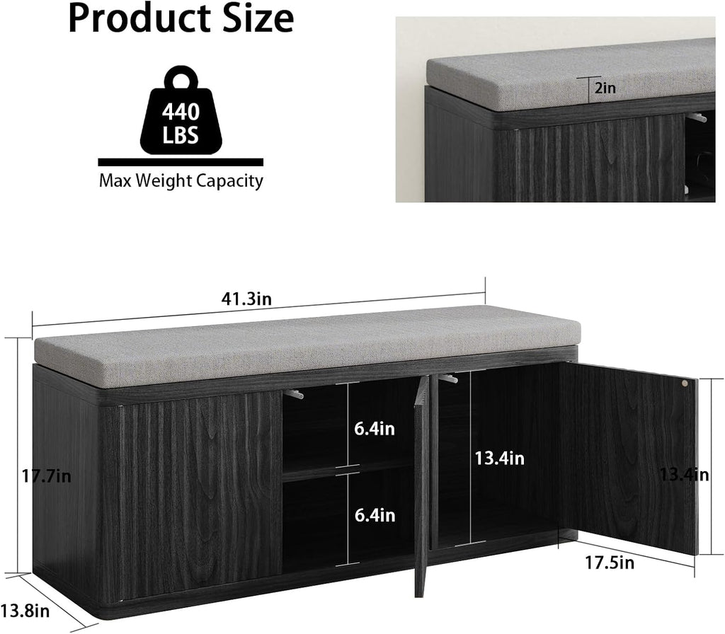 41.3" Fluted Shoe Storage Bench, Entryway Bench with 2" Cushioned Seat, 440lbs Heavy Duty Shoe Cabinet Bench with Adjustable Shelf, Hidden Storage Organizer for Bedroom End of Bed, Black