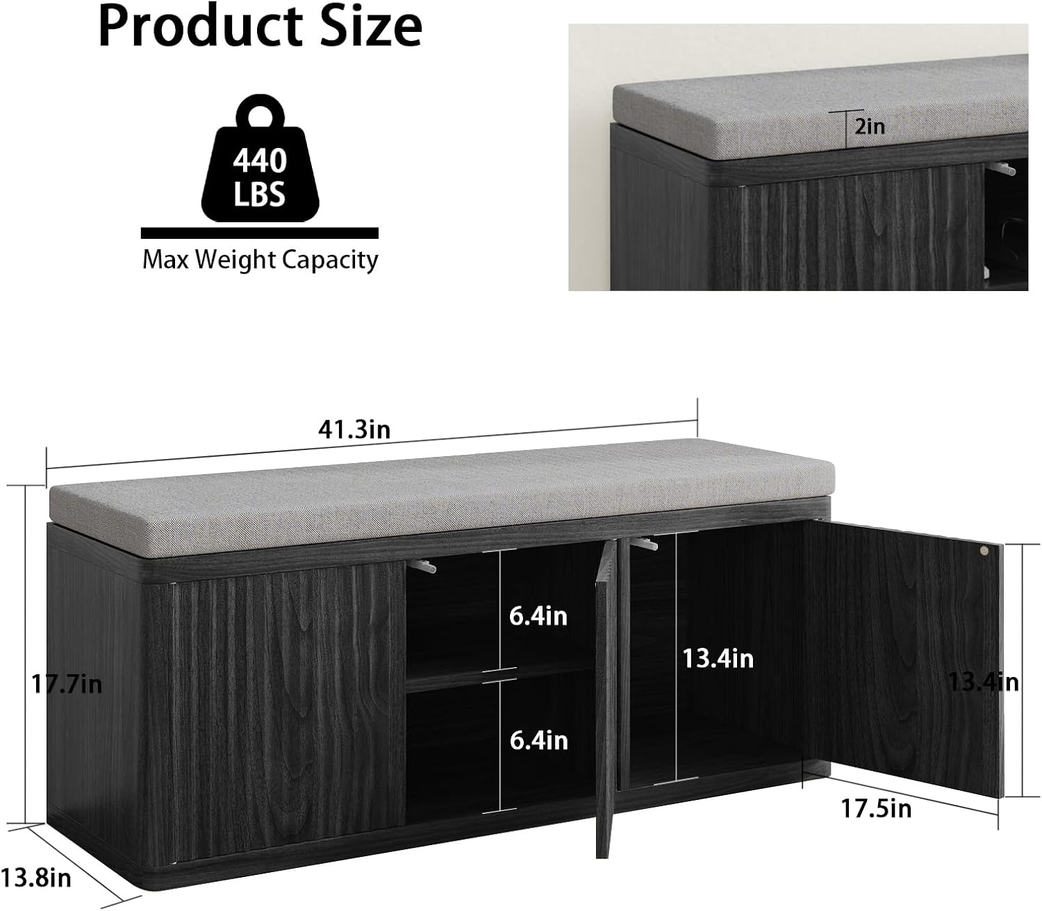 2-Tier Shoe Storage Bench with Cushion, 41.3" Entryway Bench with Padded Seat Cushion, Hidden Shoe Cabinet Storage for Hallway, Living Room, Bedroom,Black