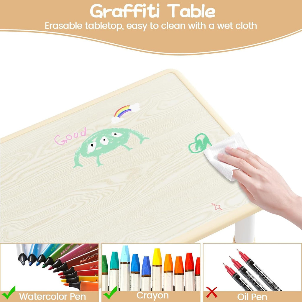Kids Table and Chairs Set Height Adjustable Table and 2 Chairs for Toddlers | 60*60 cm Graffiti Table | Non-slip Caps | Ergonomic Chair | Rounded Corners | Suitable for Daycare, Classrooms, Home