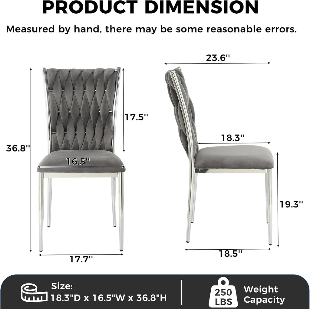Velvet Dining Chairs Set of 6, Modern Upholstered Kitchen Chairs with Silver Metal Legs, Woven Velvet Fabric and High Back, Dirt Resistance, Easy to Assemble, for Home, Living Room - Dark Grey