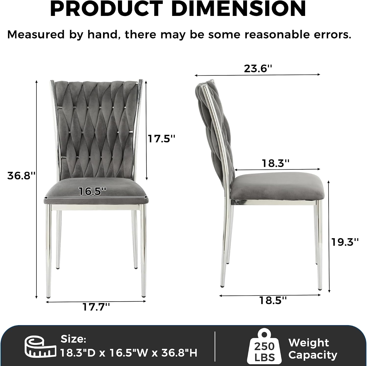 Velvet Dining Chairs Set of 6, Modern Upholstered Kitchen Chairs with Silver Metal Legs, Woven Velvet Fabric and High Back, Dirt Resistance, Easy to Assemble, for Home, Living Room - Dark Grey