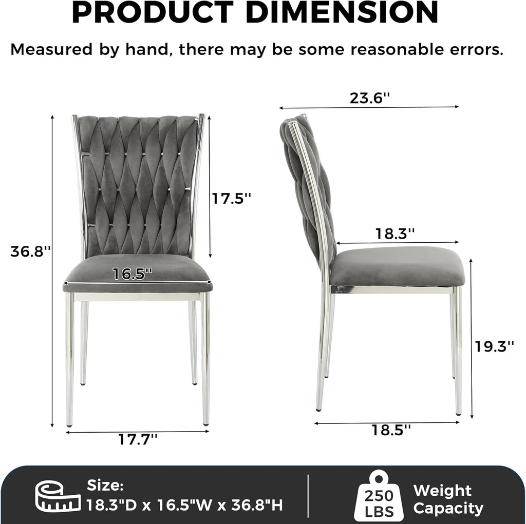 Velvet Dining Chairs Set of 4, Modern Woven Kitchen Chairs with Silver Metal Legs, Upholstered Cushion with High Back, Dirt Resistance, Easy to Install, for Living Room, Dining Room - Dark Grey