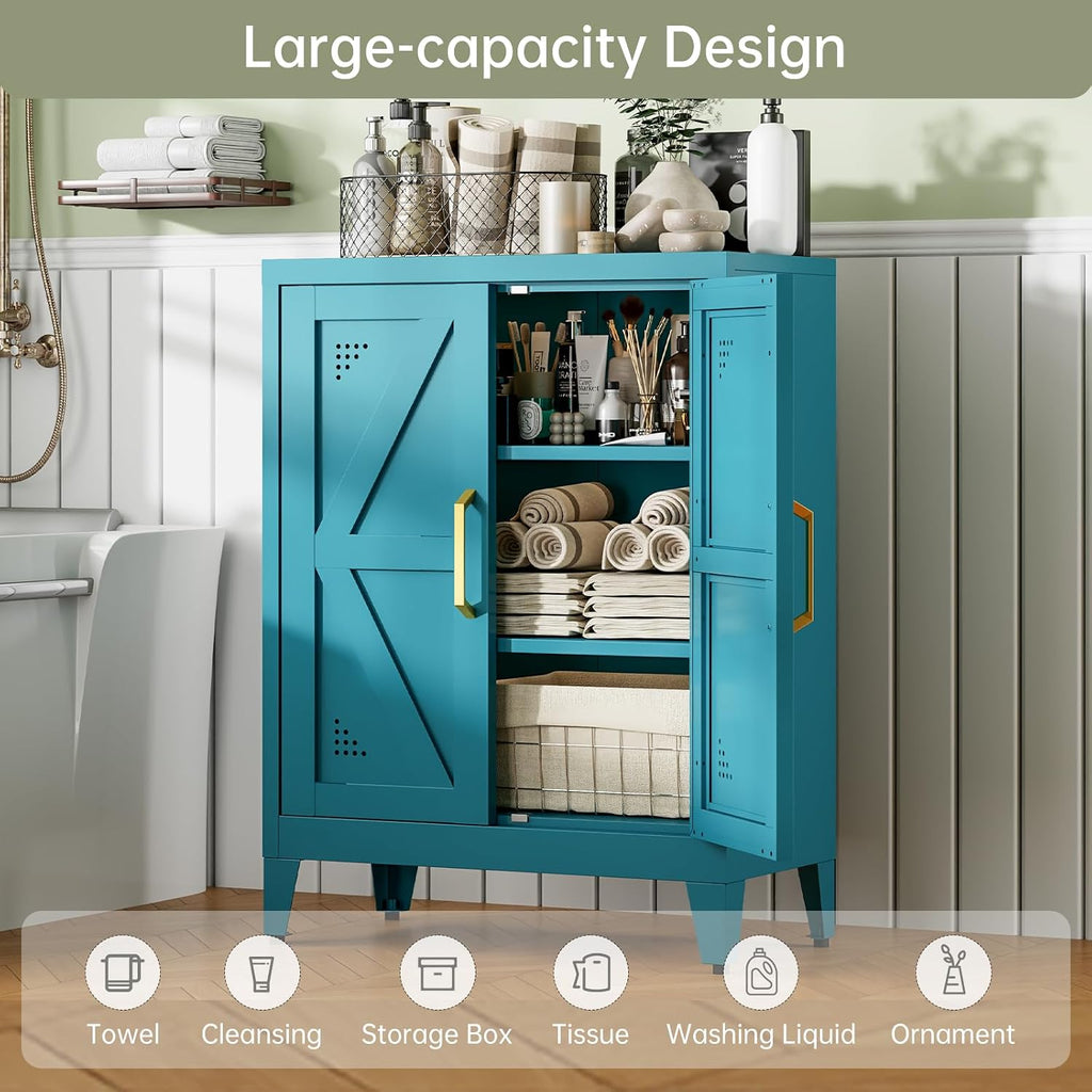 32" Metal Kitchen Pantry Cabinet,Floor Bathroom Storage Cabinet with 2 Adjustable Shelves,Freestanding Sideboard for Small Spaces, Living Room, Hallway, Dining Room,Blue