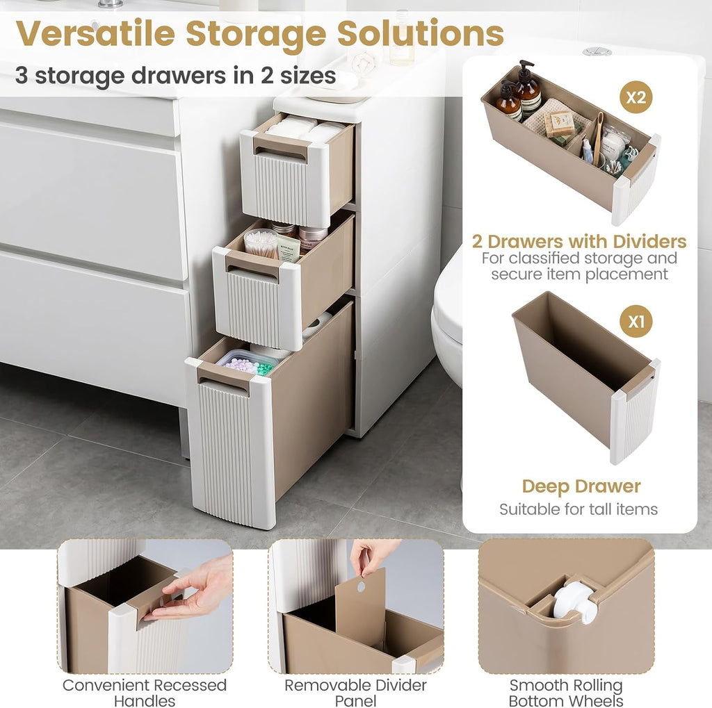 Giantex 3-Tier Narrow Storage Cabinet, Slim Rolling Cart with 3 Drawers & 2 Removable Dividers, Plastic Storage Organizer with Wheels for Small Spaces Bathroom Kitchen