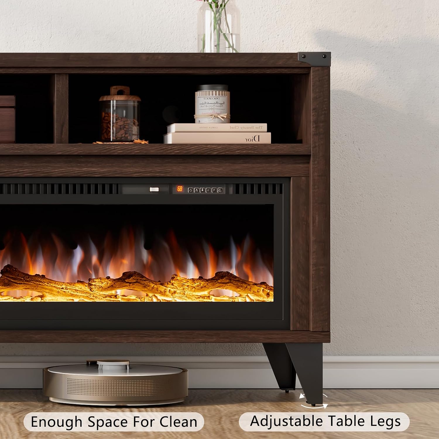 LUXOAK 65" Farmhouse TV Stand with 60" Electric Fireplace for TVs up to 75" | Espresso, Entertainment Center, Industrial TV Console, Tempered Glass Fireplace, TV Cabinet, Open Storage
