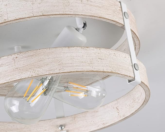 Modern Farmhouse ?Antique White Distressed Flush Mount Light Fixture 2-Light Wood Drum Semi Flush Mount Ceiling Light for Hallway Bedroom Kitchen Entryway Farmhouse