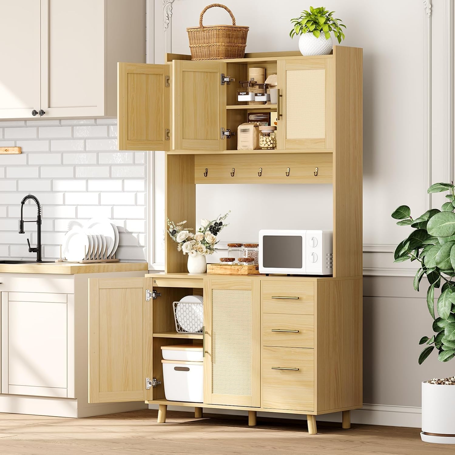 71" Tall Kitchen Pantry Cabinet, Freestanding Rattan Boho Hutch with Microwave Shelf, 3 Drawers & 6 Hooks for Kitchen, Living & Dining Room Storage-Natural