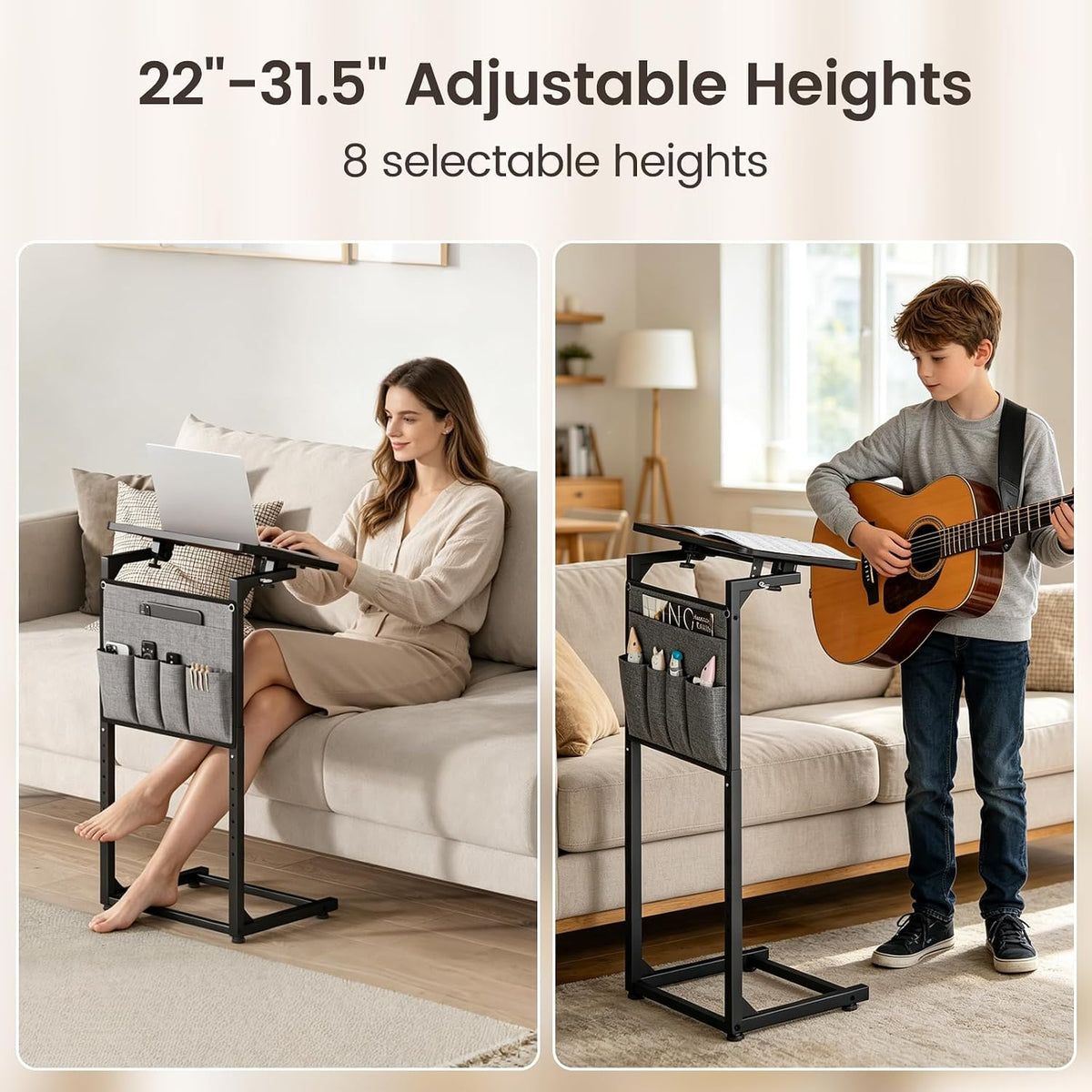 ELYKEN TV Tray Table Sets, Adjustable Height & 90° Tilt Narrow Side Table | C Shaped Foldable End Table with Phone & Tablet Slot, Laptop Desk for Couch, Recliner, Living Room, Bedroom