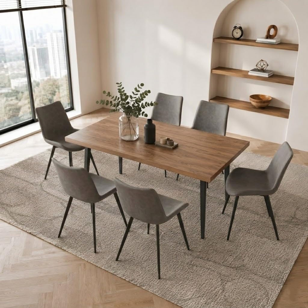 ZckyCine 70.8" Walnut Dining Table with 6 PU Leather Chairs, 7-Piece Modern Dining Set, Sturdy Metal Legs, Rectangle Table for Kitchen & Dining Room