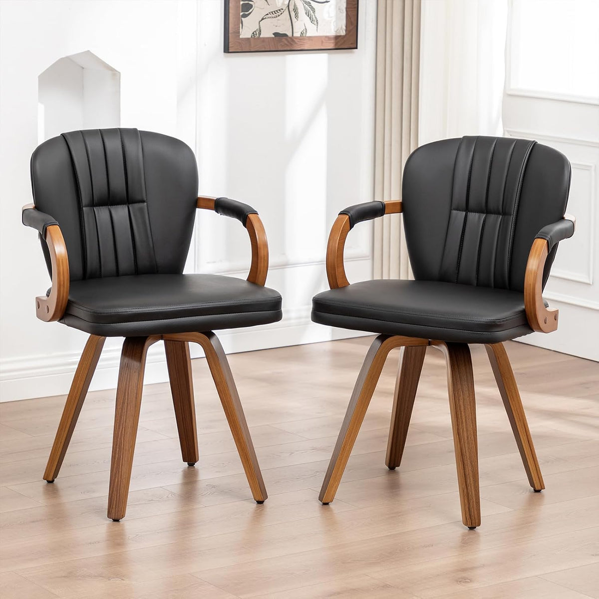 Swivel Dining Chairs Set of 4 Mid Century Modern Black Faux Leather Upholstered Kitchen Chairs with Bentwood Frame Armrests Side Chairs,Comfortable Ergonomic Wood Accent Chair No Wheels