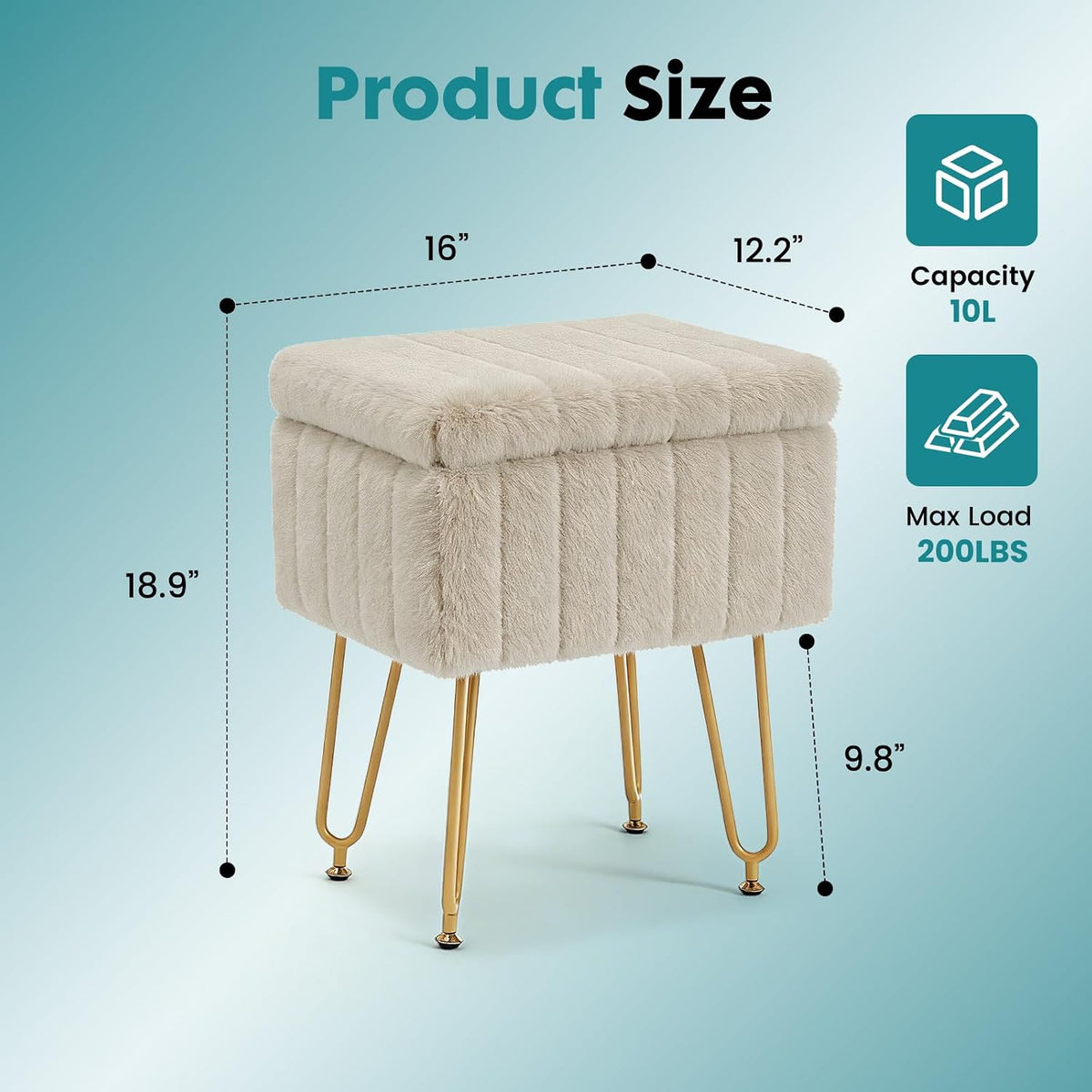 OLIXIS Vanity Stool Chair Faux Fur with Storage, Soft Ottoman 4 Metal Legs with Anti-Slip Feet, Makeup Cute Soft Small Footstool, Modern Style Faux Fur Seat for Makeup, Bedroom Dresser, Camel