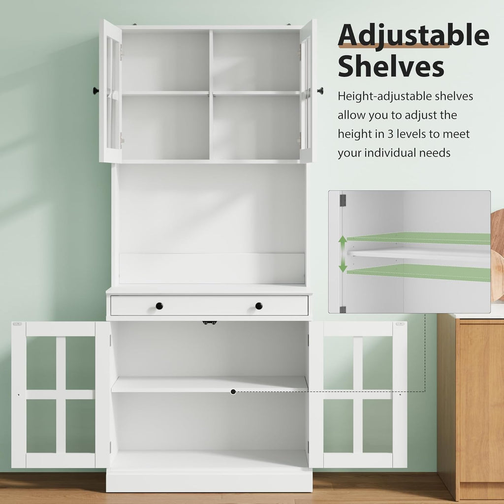 Garvee 72 Inch Kitchen Pantry Cabinet with Glass Doors, Drawer and Adjustable Shelves, Farmhouse Tall Storage Cabinet with Open Countertop, Coffee Bar Cabinet for Coffee Corner, White | Adjustable Shelves, Open Countertop, Perfect as Coffee Bar Cabinet