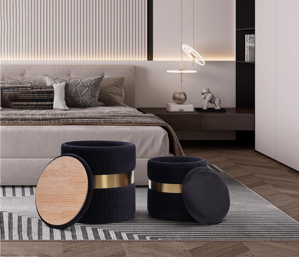 Round Velvet Storage Ottoman with Removable Lid Set of 2, Upholstered Footrest Stool with Gold Metal Hoop, Side Table Seat for Living Room, Makeup Vanity Stool for Bedroom (Pleated-Black)