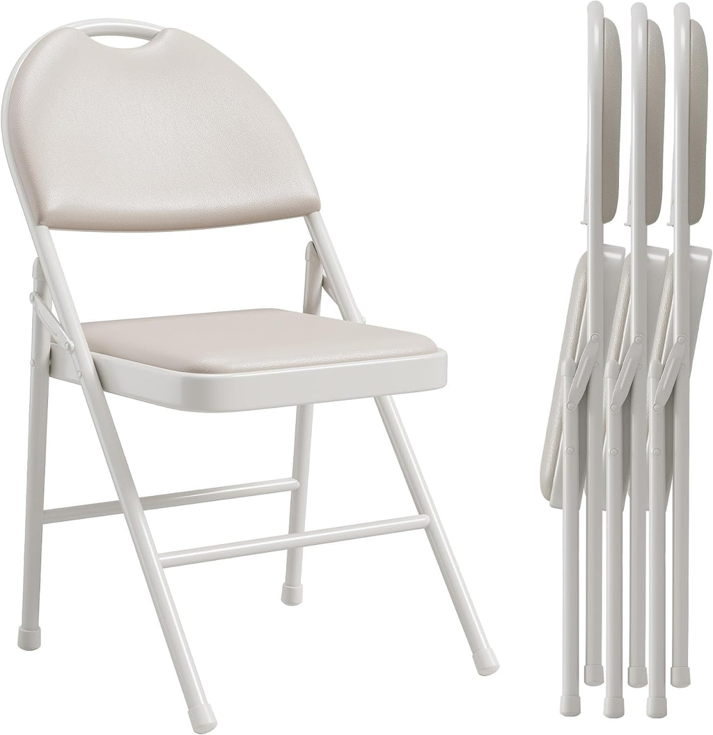 IDEALHOUSE 4 Pack Folding Chairs with PU Leather Padded Cushion, 350lbs Capacity, Lightweight Ergonomic Design, Metal Frame, Indoor Outdoor Portable Stackable Seats for Home Office Party Events, Beige