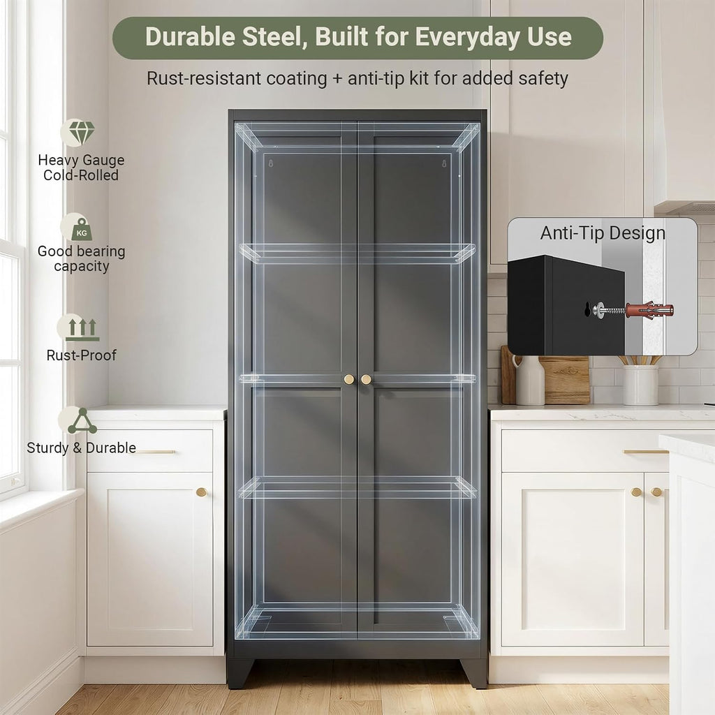 71" Metal Kitchen Storage Cabinet with Doors, Freestanding Steel Pantry Cabinet, 4 Adjustable Shelves, for Dining Room, Black